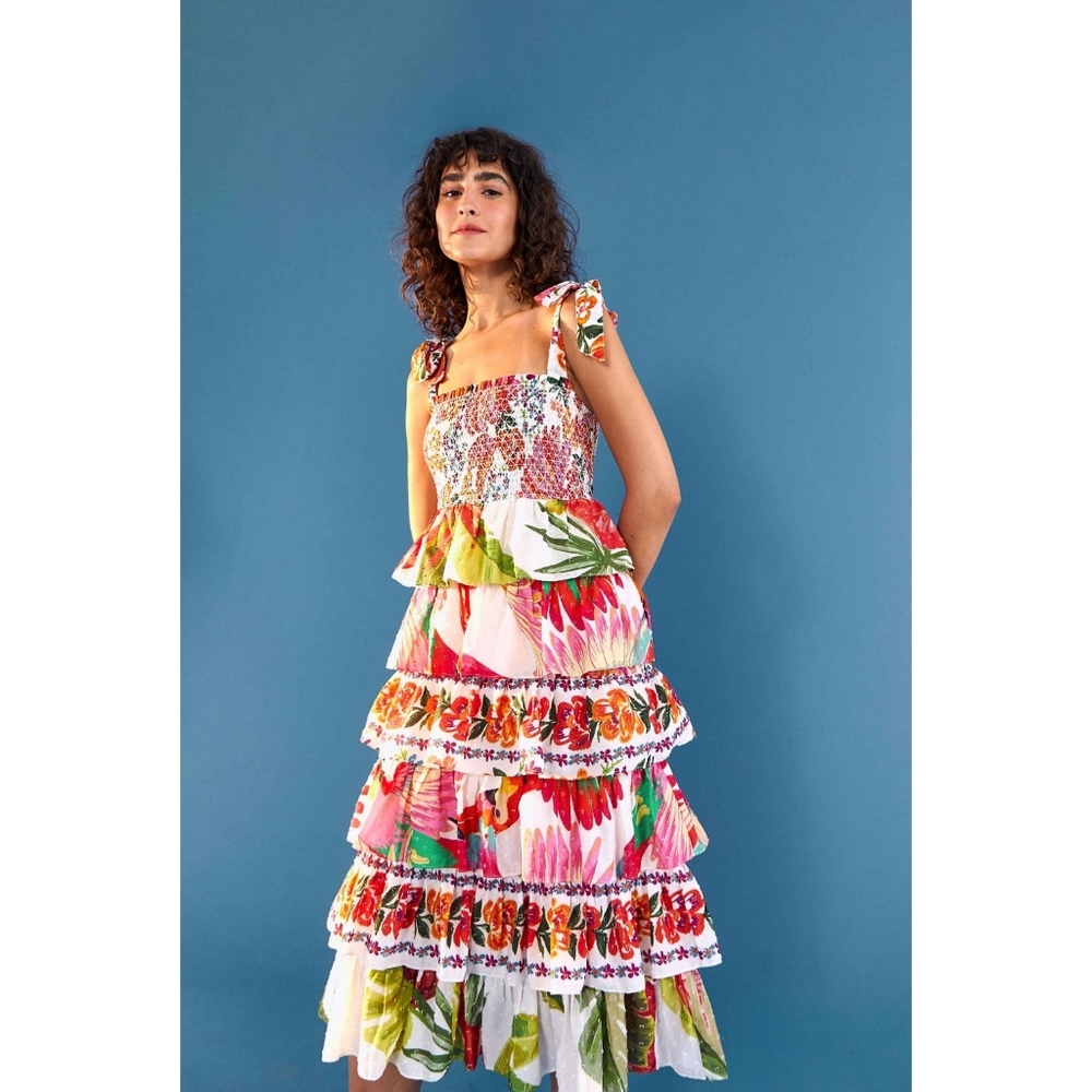 NWT FARM Rio Mixed White Layered Floral Midi Dress Size S